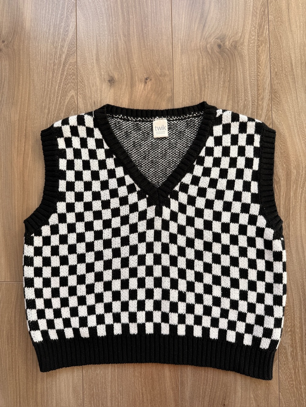 Twik Knit Checkered Sweater Vest Black White 100% Cotton Made in Italy S-XS